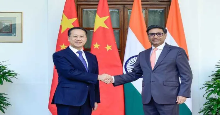 Foreign Secretary Vikram Misri shakes hands with Executive Vice Foreign Minister of China Ma Zhaoxu during the India-China Strategic Dialogue on 10 February