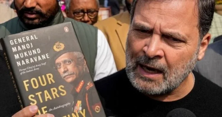 LoP Rahul Gandhi speaks to the media as he shows a copy of the 'unpublished' memoir of former Army chief General M M Naravane outside the Parliament House in New Delhi