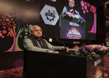 Satish Kumar, National Co-Organizer, Swadeshi Jagran Manch, while addressing the Industry Leadership Conclave 2026 ‘Swadeshi for Abhyudaya’ at Kushabhau Thakre International Convention Centre, Bhopal