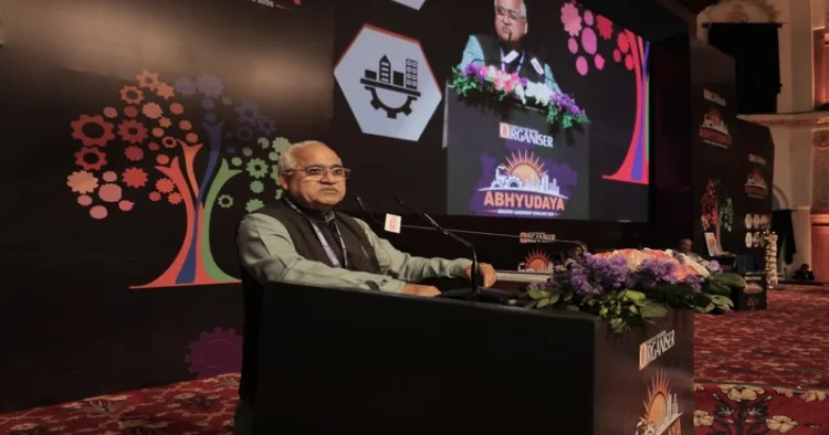Satish Kumar, National Co-Organizer, Swadeshi Jagran Manch, while addressing the Industry Leadership Conclave 2026 ‘Swadeshi for Abhyudaya’ at Kushabhau Thakre International Convention Centre, Bhopal