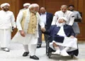 Prime Minister Narendra Modi with Kanthapuram A.P. Abubacker Musliyar, National Security Adviser Ajit Doval, and representatives of All India Sunni Jamiatul Ulama during their meeting in New Delhi