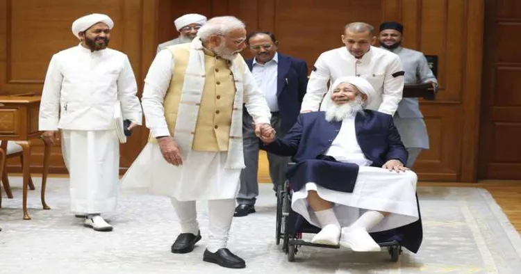 Prime Minister Narendra Modi with Kanthapuram A.P. Abubacker Musliyar, National Security Adviser Ajit Doval, and representatives of All India Sunni Jamiatul Ulama during their meeting in New Delhi