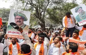 BJP activists protest against Maharashtra Congress chief Harshwardhan Sapkal's remarks equating Chhatrapati Shivaji Maharaj with Tipu Sultan outside Congress Bhavan, in Pune, Sunday, February 15. (Photo: PTI)