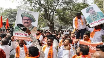 BJP activists protest against Maharashtra Congress chief Harshwardhan Sapkal's remarks equating Chhatrapati Shivaji Maharaj with Tipu Sultan outside Congress Bhavan, in Pune, Sunday, February 15. (Photo: PTI)