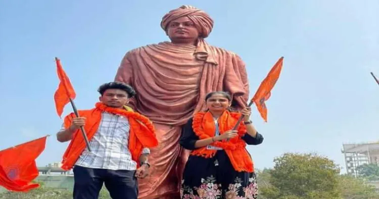 ABVP leaders KJ Aparna and Vikas Kumar Nayak celebrate with supporters after their decisive victory in the student union elections at the Central University of Kerala.