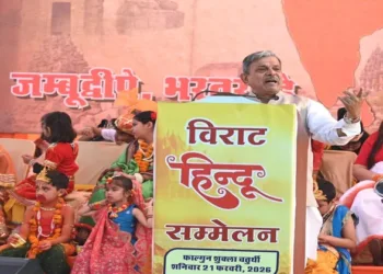 Rashtriya Swayamsevak Sangh (RSS) Sarkaryawah Dattatreya Hosabale addressing a Virat Hindu Sammelan at Chitrakoot Stadium in Vaishali Nagar, Jaipur on February 22, 2026