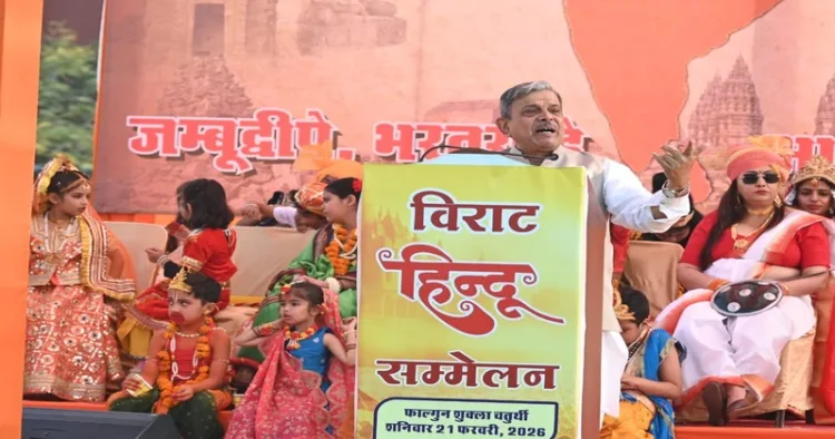 Rashtriya Swayamsevak Sangh (RSS) Sarkaryawah Dattatreya Hosabale addressing a Virat Hindu Sammelan at Chitrakoot Stadium in Vaishali Nagar, Jaipur on February 22, 2026
