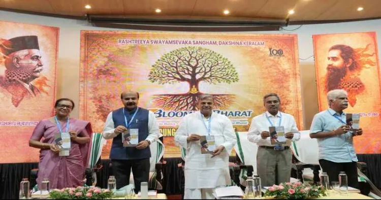 RSS Sarkaryawah Dattatreya Hosabale addressing the Blooming Bharat meet in Thiruvananthapuram, saying Dharma defines the nation and warning against politicising language as a tool of division