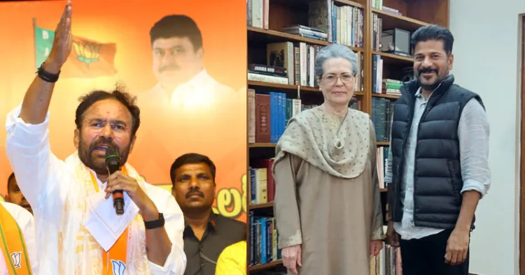 Union Minister G. Kishan Reddy (Left), Sonia Gandhi and TG CM Revanth Reddy