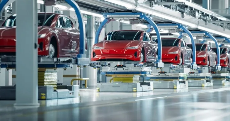 Electric vehicles being manufactured in a factory