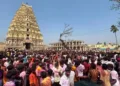 Hundreds of foreign tourists, gathered near the Virupaksha Temple to celebrate Holi
