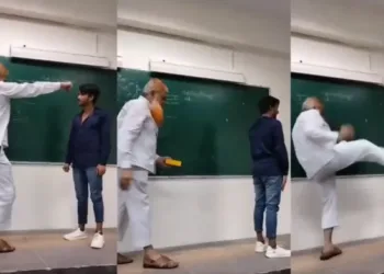 Dr Riyazuddin kicking a student in the class was accused of assaulting Meena as well inside his office with casteist slurs (Image: Organiser)