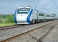 Vande Bharat running on the railway tracks