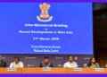 The Joint Secretary, Ministry of Petroleum & Natural Gas (MoP&NG), Ms. Sujata Sharma, addressing at the Inter- Ministerial Briefing on Recent Developments in West Asia at National Media Centre, in New Delhi on March 11, 2026.