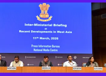 The Joint Secretary, Ministry of Petroleum & Natural Gas (MoP&NG), Ms. Sujata Sharma, addressing at the Inter- Ministerial Briefing on Recent Developments in West Asia at National Media Centre, in New Delhi on March 11, 2026.