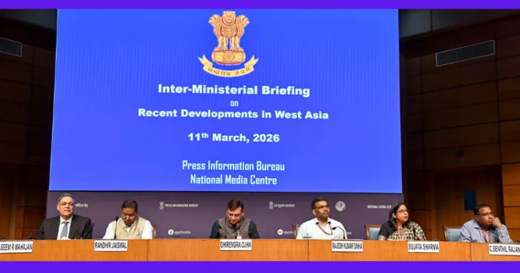 The Joint Secretary, Ministry of Petroleum & Natural Gas (MoP&NG), Ms. Sujata Sharma, addressing at the Inter- Ministerial Briefing on Recent Developments in West Asia at National Media Centre, in New Delhi on March 11, 2026.