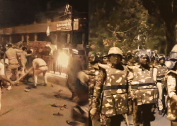 Police trying to disperse the mob, and police personnel conducting a flag march in the area. (Images via Dainik Bhaskar)