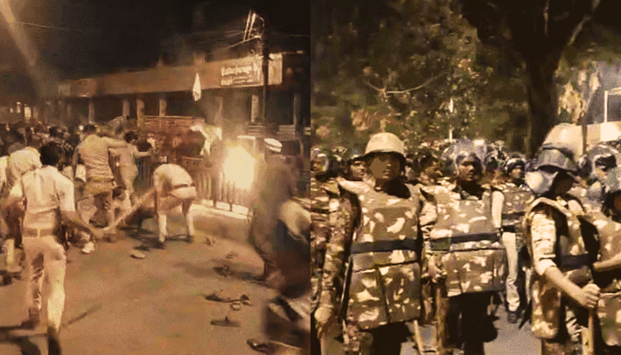 Police trying to disperse the mob, and police personnel conducting a flag march in the area. (Images via Dainik Bhaskar)
