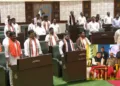 MIM MLAs walk out during Telangna Assembly Session on March 16 (Screebgrab) Box item (Iftar Party hosted by TG Minority Ministry - CM Revanth Reddy, Minority Minister Syed Azharuddin and AIMIM President Asaddudin Owaisi)