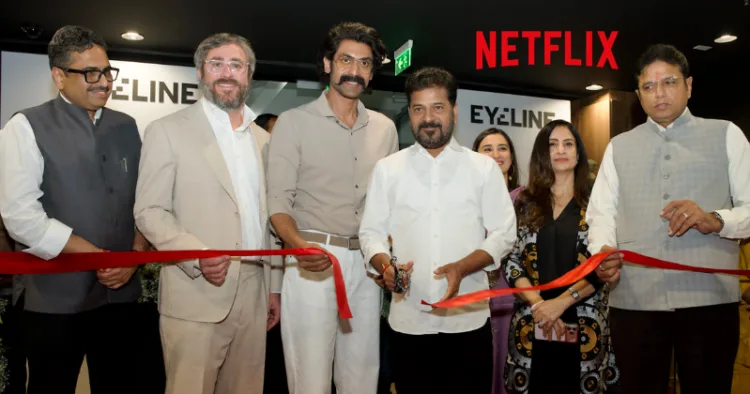 Telangana CM Revanth Reddy, Secretary, Ministry of Information and Broadcasting, Sanjay Jaju, CEO of Eyeline Studios Jeff Shapiro, and actor and film producer Rana Daggubati