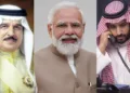 Hamad Bin Isa Al Khalifa, the King of Bahrain- PM Narendra Modi - Prince Mohammed bin Salman, the Crown Prince and Prime Minister of Saudi Arabia (Left to Right)