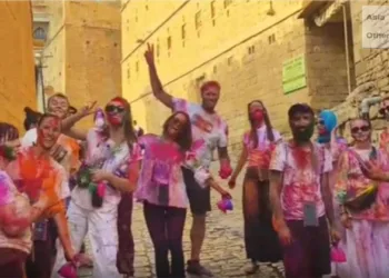 Foreign tourists celebrate Holi In Jaisalmer