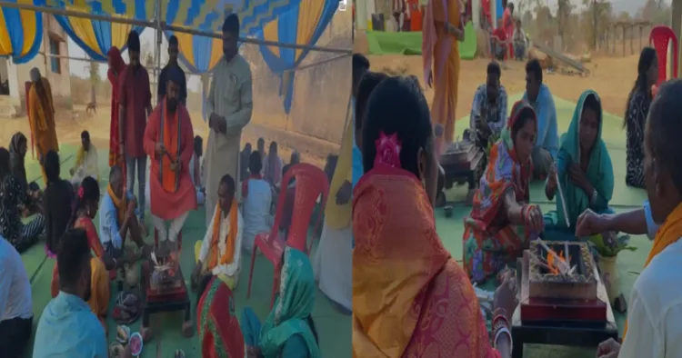 (Left) Prabal Pratap Singh Judev, who serves as the All India head of “Ghar Wapsi,” takes part in the ghar wapsi ceremony (Right) Individuals belonging to the janjatiya community performing hawan as they return to the sanatan fold