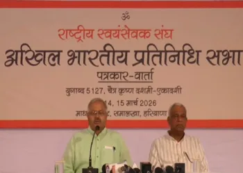 Rashtriya Swayamsevak Sangh, Akhil Bharatiya Prachar Pramukh Sunil Ambekar addressing the media on March 11, 2026 at Samalkha, Haryana