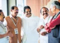 Senior Congress leaders Ramesh Chennithala, Sunny Joseph, K. C. Venugopal, V. D. Satheesan, and Shashi Tharoor, all seen as potential Chief Ministerial contenders, interact during the KPCC Leaders’ Summit in Sultan Bathery, January 2026