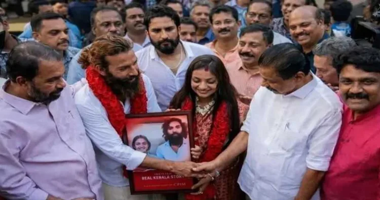 Monalisa's husband Mohammed Farman Khan shakes hands with CPI(M) State Secretary M. V.Govindan as Kerala Education Minister V. Sivankutty,Rajya Sabha MP A. A. Rahim and CPI(M) leader V. P. P.Mustafa stand beside them