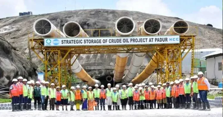 Engineers and workers stand in front of the underground crude oil storage cavern at Padur in Karnataka, part of India’s strategic petroleum reserve network built to secure fuel supplies during global disruptions