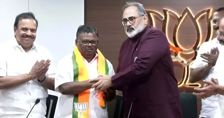 BJP State President Rajeev Chandrasekhar welcomes former Munnar MLA and senior CPI(M) leader S. Rajendran into the party fold, marking a key political shift ahead of the Assembly polls