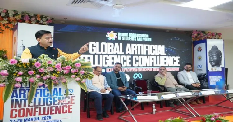 Deoria MP Shashank Mani Tripathi addressing the gathering at the World Artificial Intelligence Confluence
