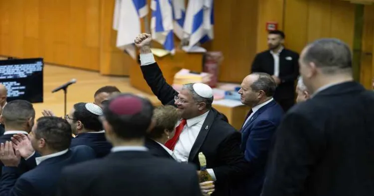 Israeli national security minister Itamar Ben-Gvir (far right) at the Knesset, Israel's parliament, after the vote in Jerusalem, March 30, 2026