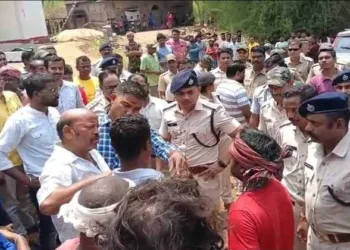 Villagers protesting near Church at Murga Gotha village, located within the Anandapur police station area