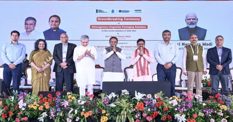 CM Mohan Charan Majhi along with Union IT Minister Ashwini Vaishnaw during the ground-breaking ceremony of the Heterogeneous Integration Packaging Solutions (3DGS) project at Info Valley.