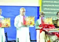 (L to R) Rajesh Loya, Nagpur Mahanagar Sanghchalak, Dr Mohan Bhagwat, Sarsanghchalak, Deepak Tamshettiwar, Vidarbha Prant Sanghchalak, Shridhar Gadge, Sah Sanghchalak releasing the book ‘Rashtra Swaradhana’ in Nagpur on April 8