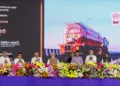 Vav-Tharad [Gujarat], Mar 31 (ANI): Prime Minister Narendra Modi during the laying of the foundation stone and inauguration of multiple development projects, in Vav-Tharad on Tuesday. Gujarat Chief Minister Bhupendra Patel, State Deputy Chief Minister Harsh Sanghavi and others also present. (DPR PMO/ANI Photo)