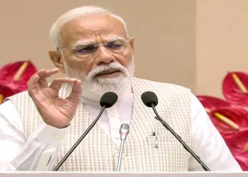 New Delhi, Apr 13 (ANI): Prime Minister Narendra Modi addresses during the national level 'Nari Shakti Vandan Sammelan', in New Delhi on Monday. (DD/ANI Video Grab)