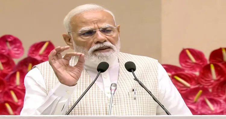 New Delhi, Apr 13 (ANI): Prime Minister Narendra Modi addresses during the national level 'Nari Shakti Vandan Sammelan', in New Delhi on Monday. (DD/ANI Video Grab)