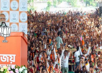 Prime Minister Narendra Modi speaks during a Vijay Sankalp rally, in Mathurapur