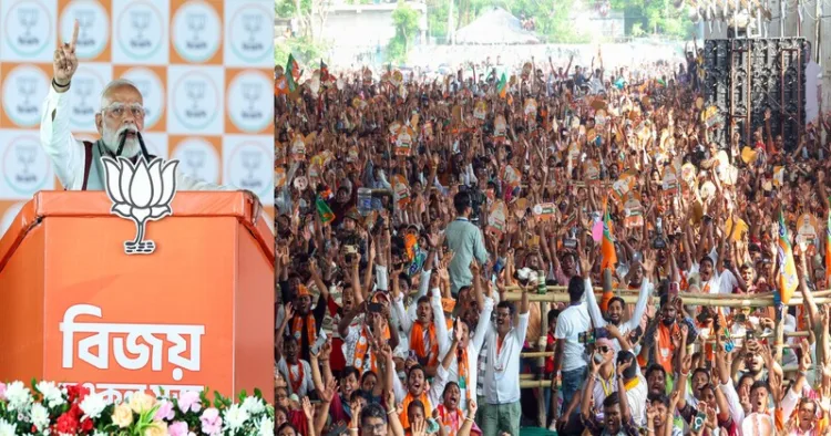 Prime Minister Narendra Modi speaks during a Vijay Sankalp rally, in Mathurapur