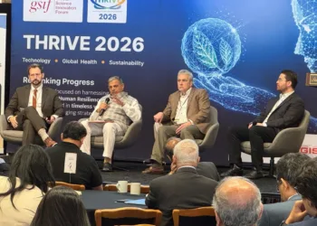 Dattatreya Hosabale, Sarkaryavah of Rashtriya Swayamsevak Sangh, Prof. William Hurlbut and Ben Olsen, moderated by Bill Drexel — exploring how knowledge systems shape societies and the future
