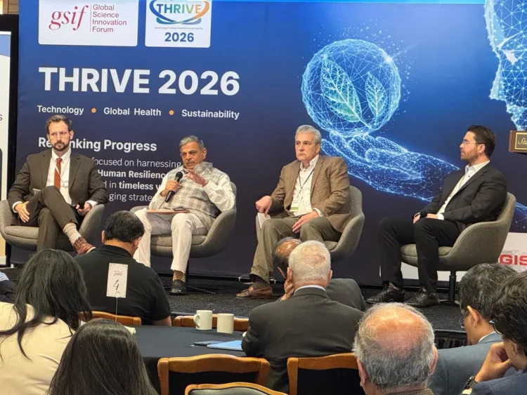 Dattatreya Hosabale, Sarkaryavah of Rashtriya Swayamsevak Sangh, Prof. William Hurlbut and Ben Olsen, moderated by Bill Drexel — exploring how knowledge systems shape societies and the future