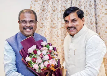 Madhya Pradesh Chief Minister Mohan Yadav with Union Education Minister Dharmendra Pradhan
