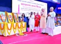 Dr Krishna Gopal, RSS Sah Sarkaryavah, Ravindra Kanhere, Akhil Bharatiya Adhyaksh, Vidya Bharati, Deshraj Sharma, General Secretary, Vidya Bharati, and Govind Mahant, Organising Secretary, offering floral tributes to Maa Bharti and Maa Saraswati on the inaugural day of AGM 2026