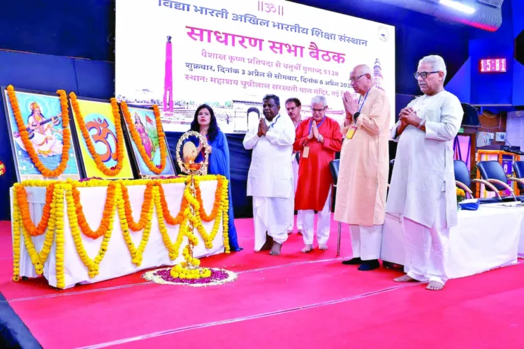 Dr Krishna Gopal, RSS Sah Sarkaryavah, Ravindra Kanhere, Akhil Bharatiya Adhyaksh, Vidya Bharati, Deshraj Sharma, General Secretary, Vidya Bharati, and Govind Mahant, Organising Secretary, offering floral tributes to Maa Bharti and Maa Saraswati on the inaugural day of AGM 2026