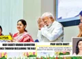 Prime Minister Narendra Modi, Delhi Chief Minister Rekha Gupta and Union Minister Annpurna Devi during the Nari Shakti Vandan Sammelan in New Delhi on April 13