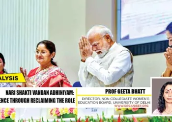 Prime Minister Narendra Modi, Delhi Chief Minister Rekha Gupta and Union Minister Annpurna Devi during the Nari Shakti Vandan Sammelan in New Delhi on April 13