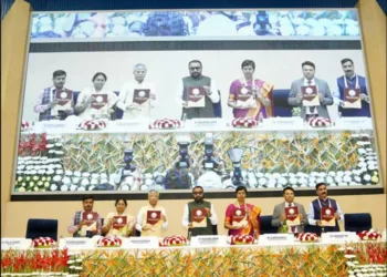 Prataprao Jadhav, Union Minister of State (Independent Charge), Ministry of Ayush and Minister of State for Health and Family Welfare, along with other dignitaries on the stage on the occasion of the World Homeopathy Day